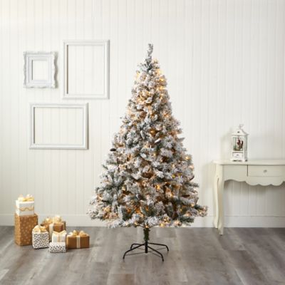 Image showing  7 ft. Pre-Lit Flocked White River Mountain Pine Artificial Christmas Tree with Pine Cones and 350 LED Lights