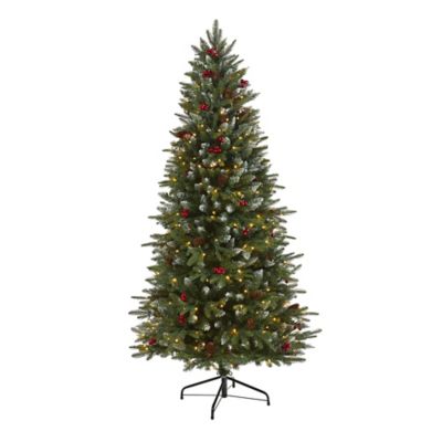 Nearly Natural 6 ft. Pre-Lit Snow Tipped Portland Spruce Artificial Christmas Tree, Frosted Berries and Pine Cones, 300 LEDs