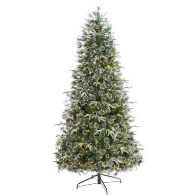 Nearly Natural 8 ft. Snow Tipped Clermont Mixed Pine Artificial Christmas Tree, 600 Clear LED Lights, Pine Cones