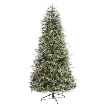 Nearly Natural Clermont Mixed Pine Artificial Christmas Tree 8 ft Snowy Tip 600 Clear LED Lights Pine Cones Artificial Christmas Trees