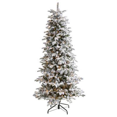 Nearly Natural 7 ft. Flocked North Carolina Fir Artificial Christmas Tree, 550 Warm White Lights, 2,090 Bendable Branches