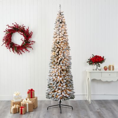 Image showing  8 ft. Flocked Pencil Artificial Christmas Tree with 500 Clear Lights and 646 Bendable Branches