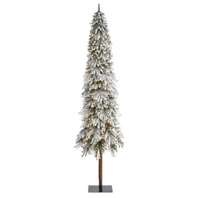 Nearly Natural 9 ft. Flocked Grand Alpine Artificial Christmas Tree with 600 Clear Lights & Bendable Branches on Natural Trunk