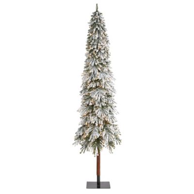Nearly Natural 9 ft. Pre-Lit Flocked Grand Alpine Artificial Christmas Tree with Bendable Branches, Natural Trunk, Clear Lights