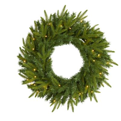 Nearly Natural 24 in. Pre-Lit Long Pine Artificial Christmas Wreath, 35 Clear LED Lights