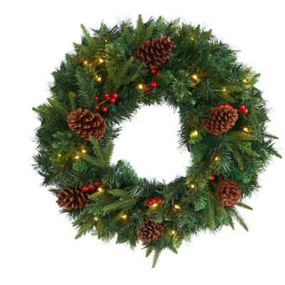 Nearly Natural 24 in. Pre-Lit Mixed Pine Artificial Christmas Wreath, 35 Clear LED Lights and Berries