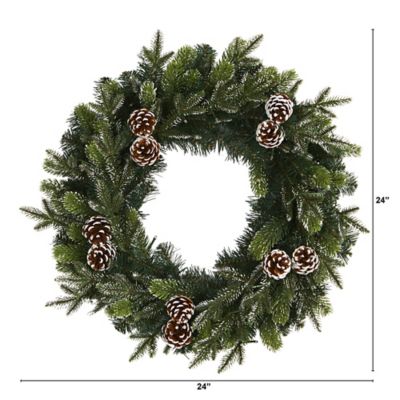 Image showing  24 in. Snowy Artificial Christmas Wreath with Pine Cones, Clear LED Lights