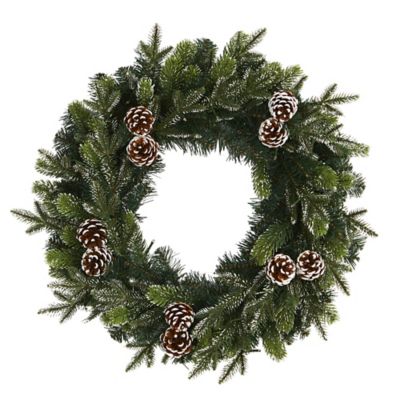 Image showing  24 in. Snowy Artificial Christmas Wreath with Pine Cones, Clear LED Lights