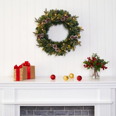 Image showing  24 in. Snowy Artificial Christmas Wreath with Pine Cones, Clear LED Lights