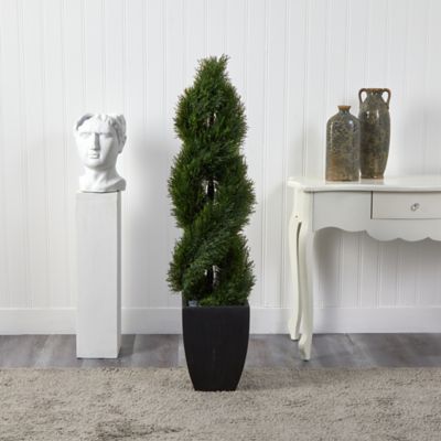 Image showing  5 ft. Double Pond Cypress Spiral Topiary Artificial Tree, Black Wash Planter, UV Resistant, Indoor/Outdoor