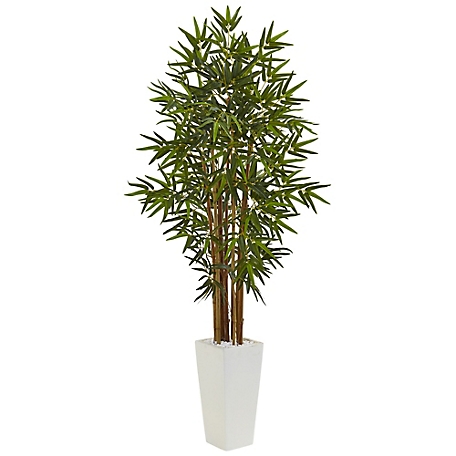 Nearly Natural 5 ft. Bamboo Artificial Tree in White Tower Planter