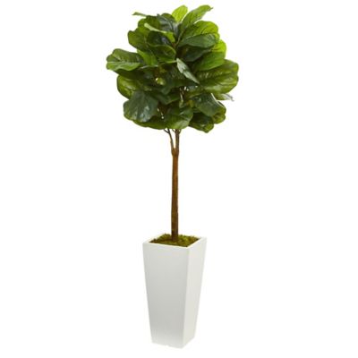 Nearly Natural 4 ft. Artificial Fiddle Leaf Tree in White Tower Planter
