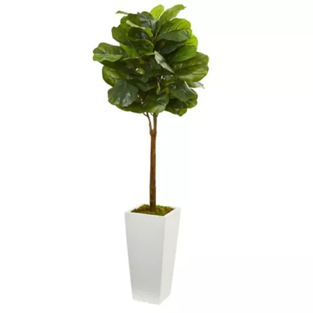 4 ft Almost Natural Artificial Fiddle Leaf Tree in White Tower Planter Artificial Plants & Flowers