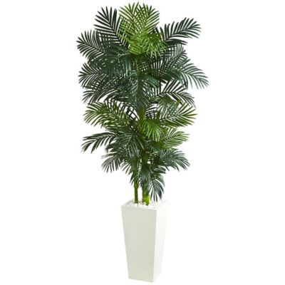 Nearly Natural 8 ft. Golden Cane Palm Artificial Tree in White Tower Planter