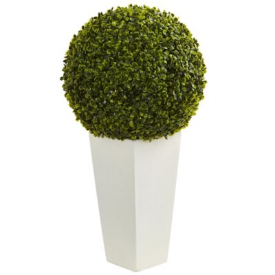 Nearly Natural 28 in. Boxwood Topiary Ball Artificial Plant in White Tower Planter, Indoor/Outdoor
