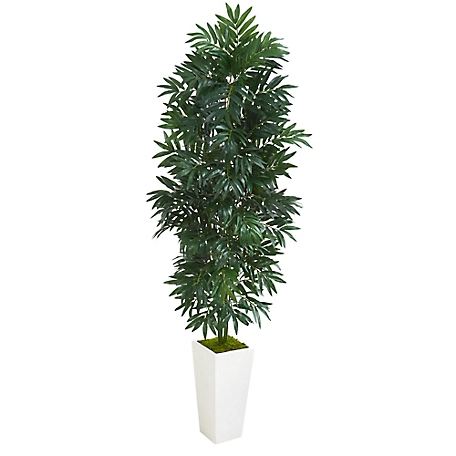 Nearly Natural 5 ft. Bamboo Palm Artificial Plant in White Planter