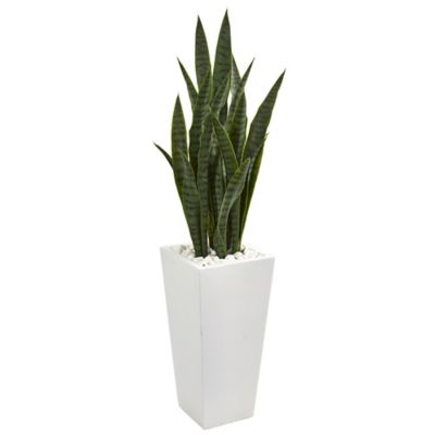 Nearly Natural 4 ft. Faux Sansevieria Plant in White Tower Planter