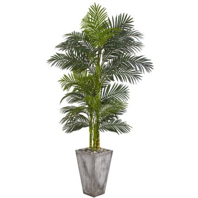 Nearly Natural 7 ft. Golden Cane Artificial Palm Tree in Cement Planter