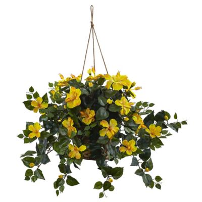 Nearly Natural 22 in. Artificial Hibiscus in Hanging Basket