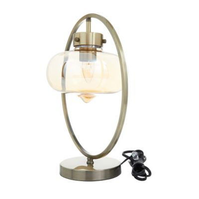 Image showing  Gold Metal Circular Framed Accent Lamp with Hanging Glass Shade 14" x 8" x 15"