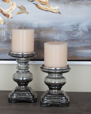 Harper & Willow Silver Glass Handmade Turned Style Pillar Candle Holders with Faux Mercury Glass Finish, 7 in., 9 in., 2 pc.