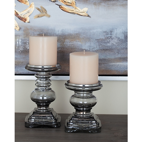 Harper & Willow Silver Glass Handmade Turned Style Pillar Candle Holders with Faux Mercury Glass Finish, 7 in., 9 in., 2 pc.