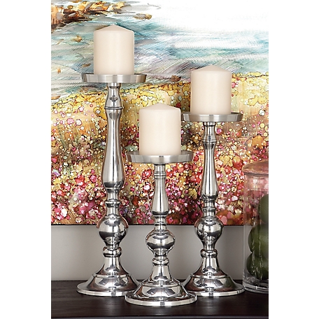 Harper & Willow Silver Aluminum Traditional Candle Holders, 16 in., 13 in., 10 in., 3 pc., 30812