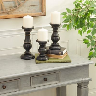 Harper & Willow Assorted Mango Wood Traditional Candle Holders, Black, 3-Pack