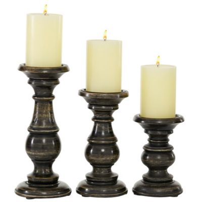 Image showing  Assorted Mango Wood Traditional Candle Holders, Black, 3-Pack