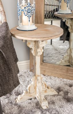Harper & Willow White Wood Intricately Carved Scroll Accent Table with Brown Wood Top, 16 in. x 16 in. x 23 in.