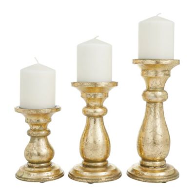 Image showing  Assorted Mango Wood Turned Style Pillar Candle Holders, Gold, 3-Pack