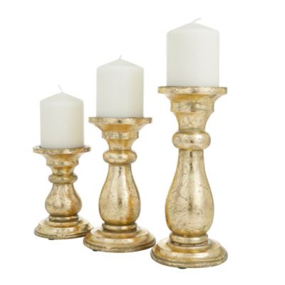 Image showing  Assorted Mango Wood Turned Style Pillar Candle Holders, Gold, 3-Pack