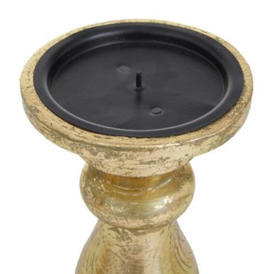 Image showing  Assorted Mango Wood Turned Style Pillar Candle Holders, Gold, 3-Pack