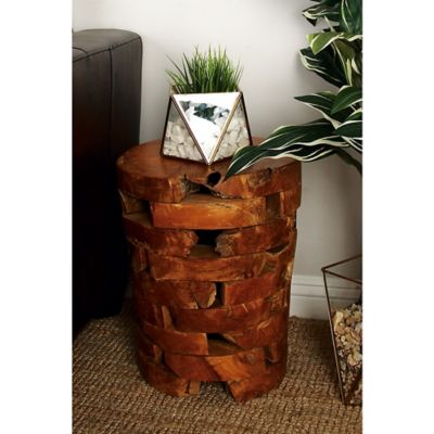 Harper & Willow Light Brown Teak Wood Handmade Live Edge Accent Table with Brick Inspired Design 14 in. x 14 in. x 18 in.