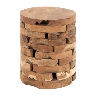 Image showing  Teak Wood Handmade Live Edge Accent Table with Brick Inspired Design, Light Brown