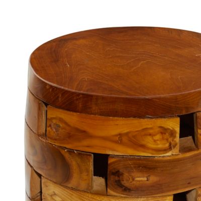 Image showing  Teak Wood Handmade Live Edge Accent Table with Brick Inspired Design, Light Brown