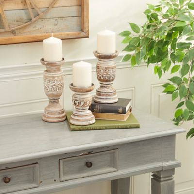 Harper & Willow Beige Mango Wood Country Cottage Candle Holders, 6 in., 8 in., 10 in., 3 pc., 78289