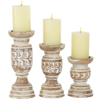 Image showing  Assorted Mango Wood Country Cottage Candle Holders, Beige, 3-Pack