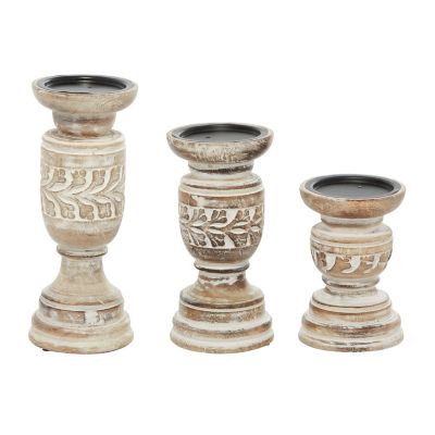Image showing  Assorted Mango Wood Country Cottage Candle Holders, Beige, 3-Pack