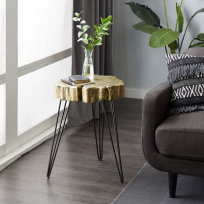 Harper & Willow Gold Polystone Tree Trunk Accent Table with Black Hairpin Legs, 19 in. x 19 in. x 26 in.