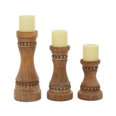 Image showing  Brown Wood Beaded Pillar Candle Holder Set of 3 12 in., 9 in., 7 in.H, 91848