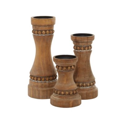Image showing  Brown Wood Beaded Pillar Candle Holder Set of 3 12 in., 9 in., 7 in.H, 91848