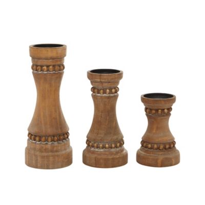 Image showing  Brown Wood Beaded Pillar Candle Holder Set of 3 12 in., 9 in., 7 in.H, 91848