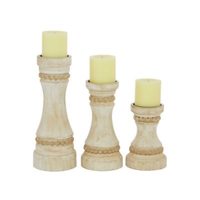 Image showing  Cream Wood Candle Holder Set of 3 12", 9", 7"H, 91846