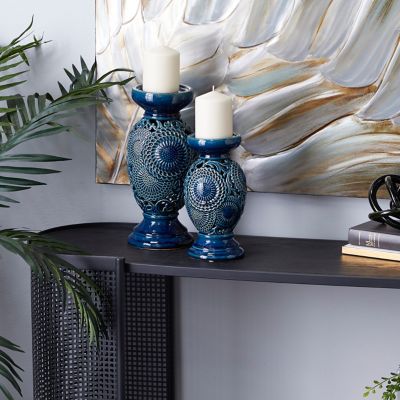 Harper & Willow 2 pc. Blue Ceramic Eclectic Candleholder Set, 13 in., 10 in., 70393