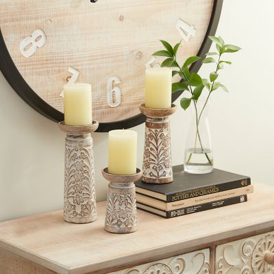 Harper & Willow Assorted Mango Wood Natural Candle Holders, Natural Brown, 3-Pack