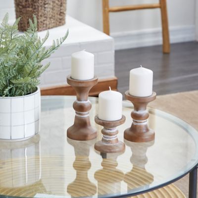 Harper & Willow Brown Wood Beaded Pillar Candle Holder Set of 3 4 in., 6 in., 8 in.H, 91852