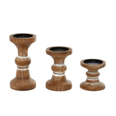 Image showing  Brown Wood Beaded Pillar Candle Holder Set of 3 4 in., 6 in., 8 in.H, 91852
