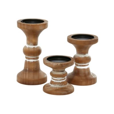 Image showing  Brown Wood Beaded Pillar Candle Holder Set of 3 4 in., 6 in., 8 in.H, 91852