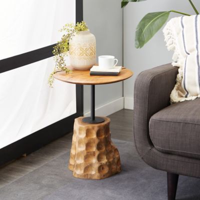 Harper & Willow Brown Teak Wood Handmade Live Edge Raised Tabletop Accent Table with Tree Stump Base 18 in. x 18 in. x 23 in.